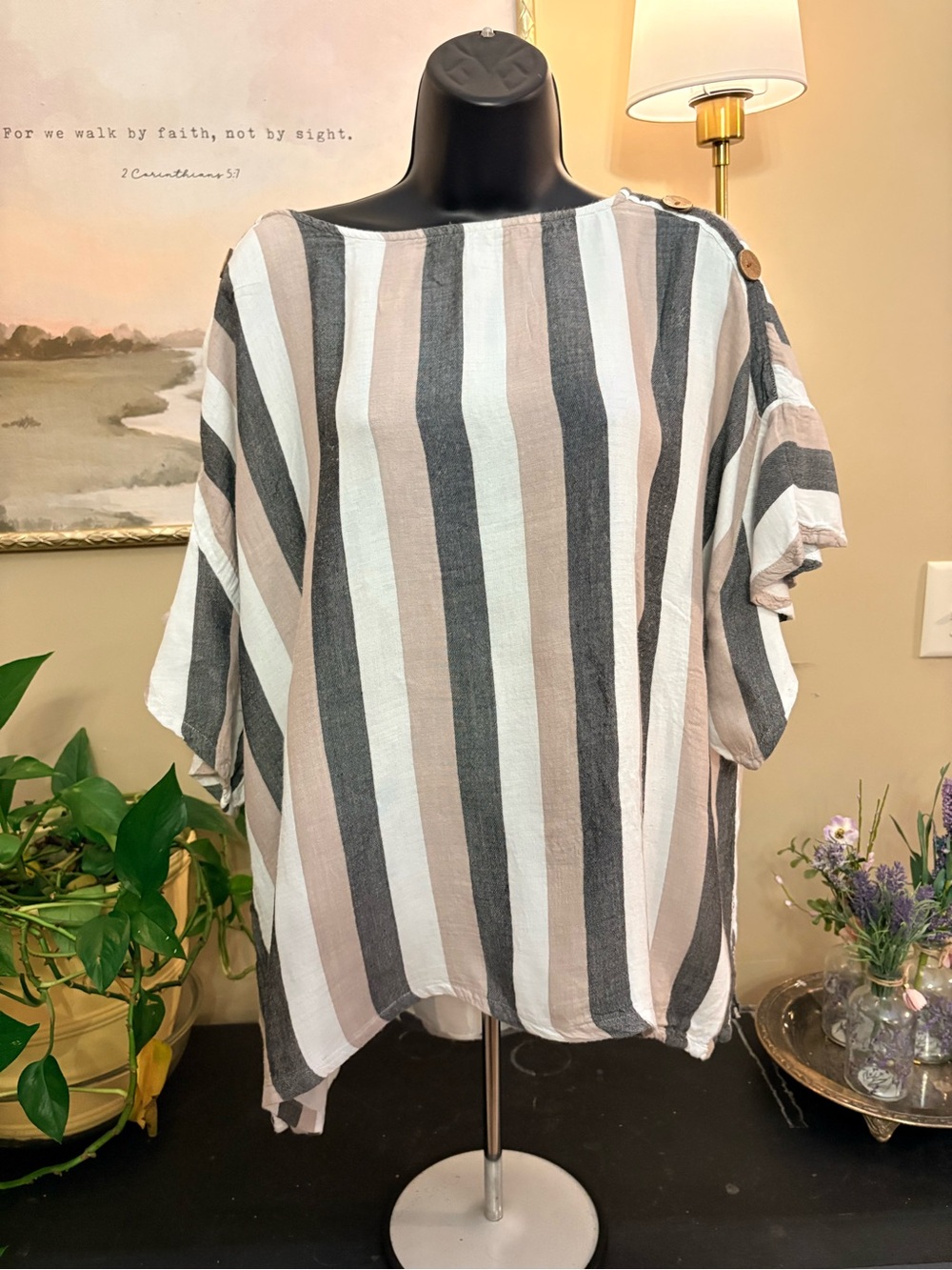 French Laundry Striped Boatneck Tunic - White, Tan & Gray